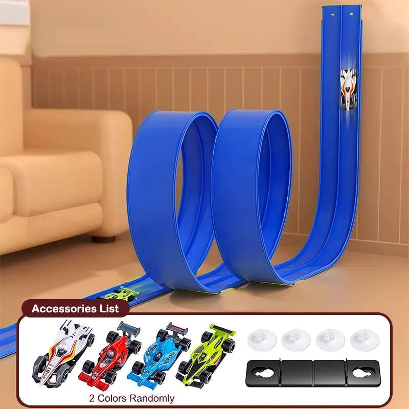 Blue toy race track set with cars and accessories on a wooden floor.