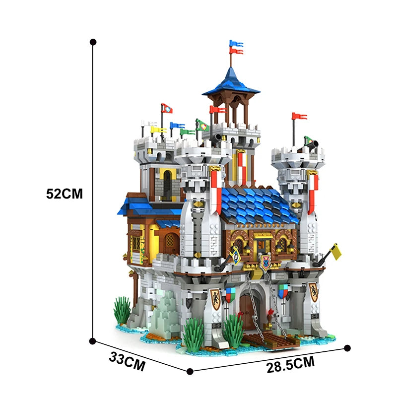 Toy castle model with dimensions indicated on a white background