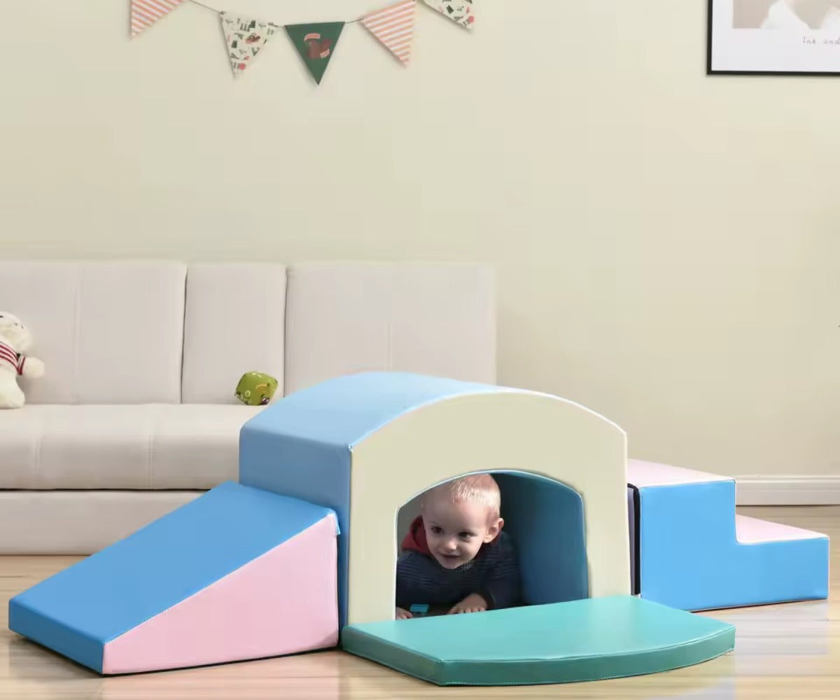 Child playing with a colorful foam play structure in a living room.