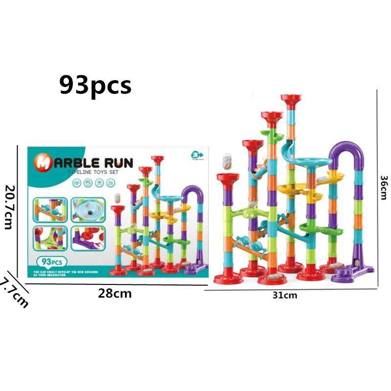 Marble run toy set with packaging and dimensions on a white background