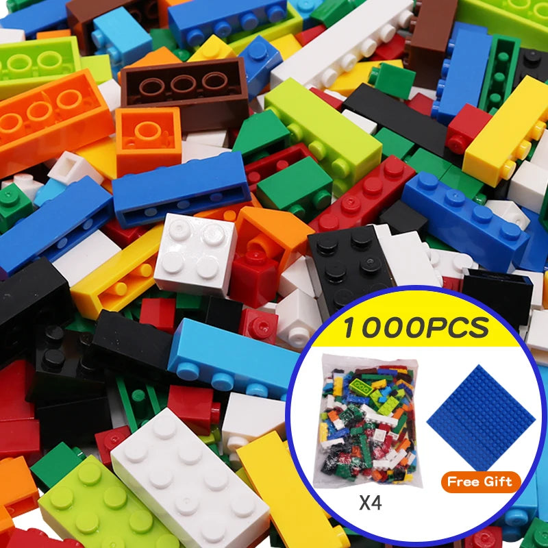 Assorted colorful building blocks with a focus on a promotional offer for 1000 pieces.