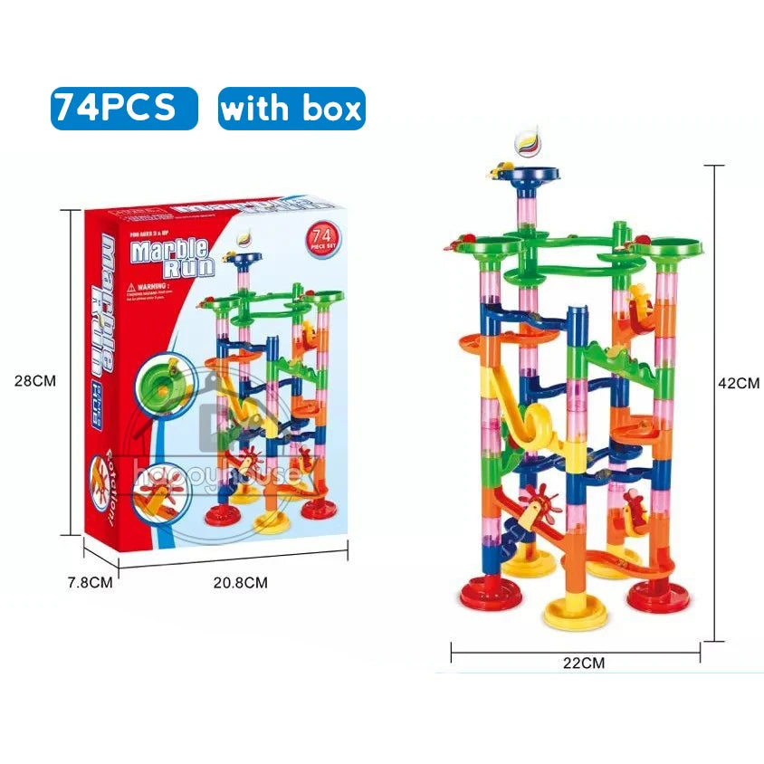 Marble run toy set with packaging and dimensions on a white background