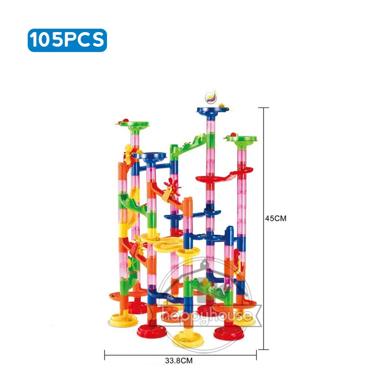 Colorful marble run toy set with 105 pieces on a white background