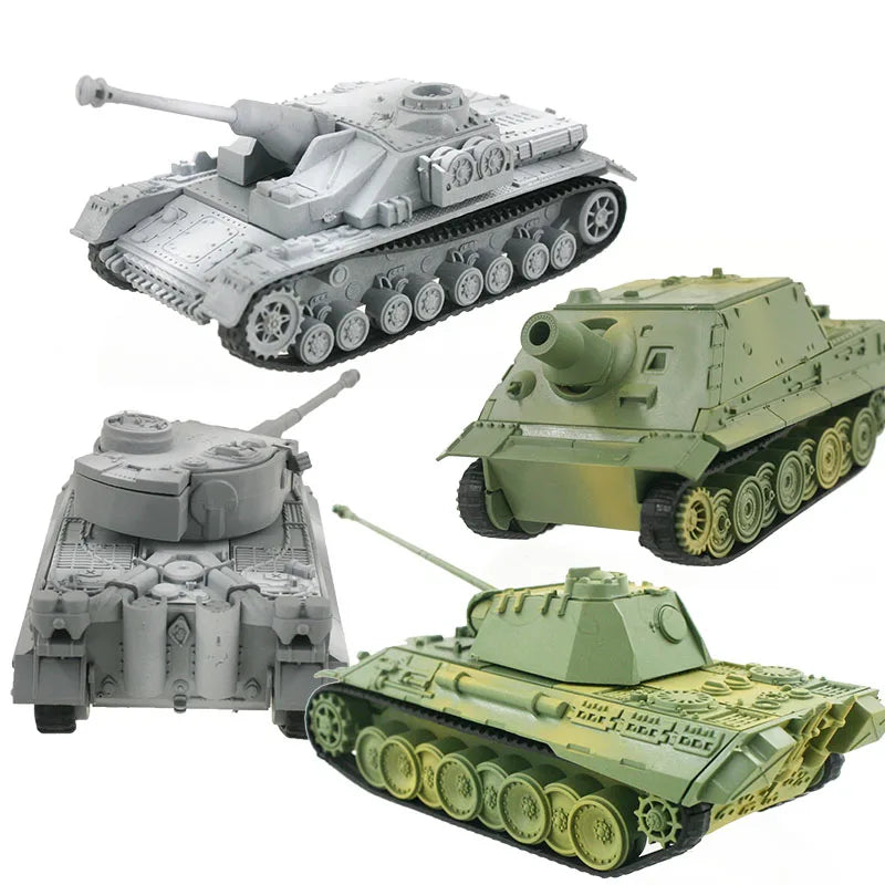 Three toy tanks in gray and green on a white background