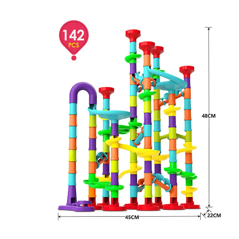 Colorful marble run toy set with 142 pieces on a white background