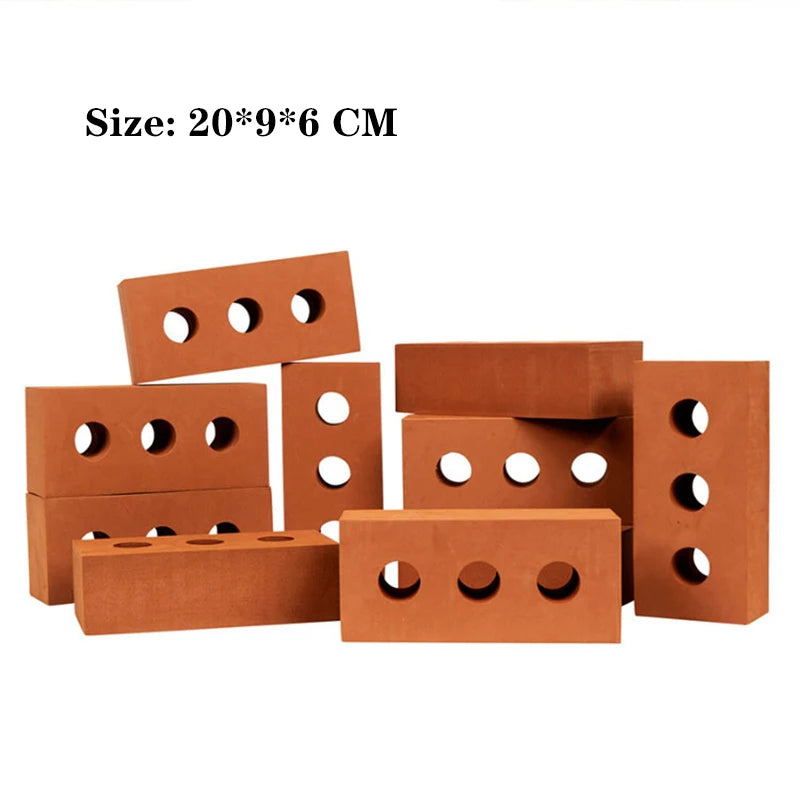 Set of red bricks with circular holes on a white background, size indicated as 20*9*6 CM.