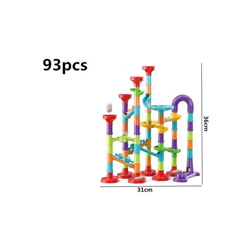 Colorful marble run toy set with dimensions on a white background