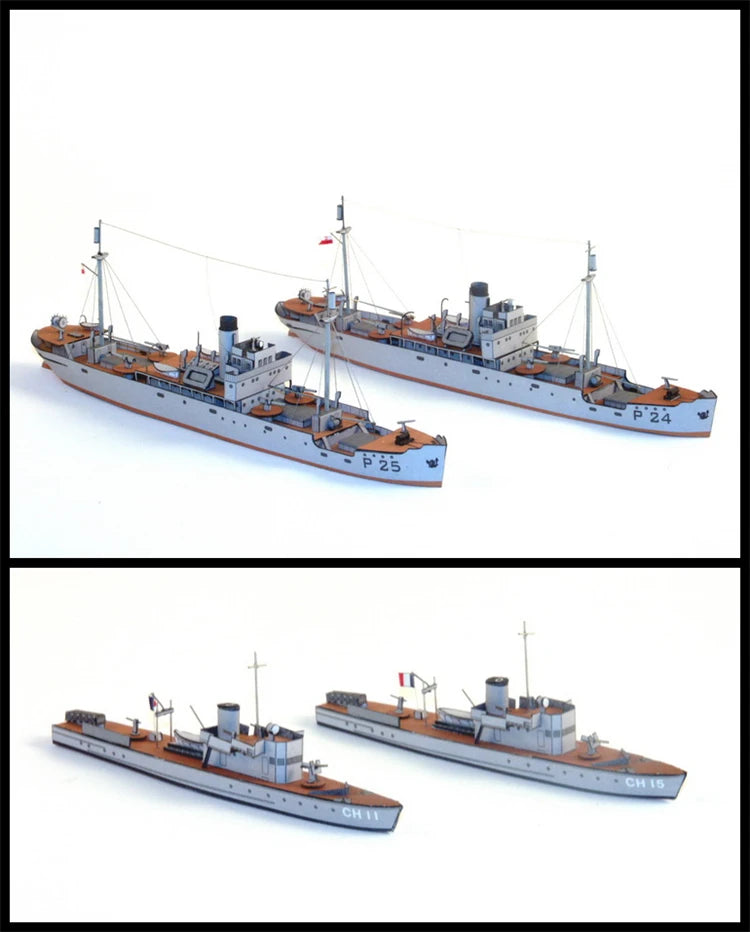 Model ships on a white background