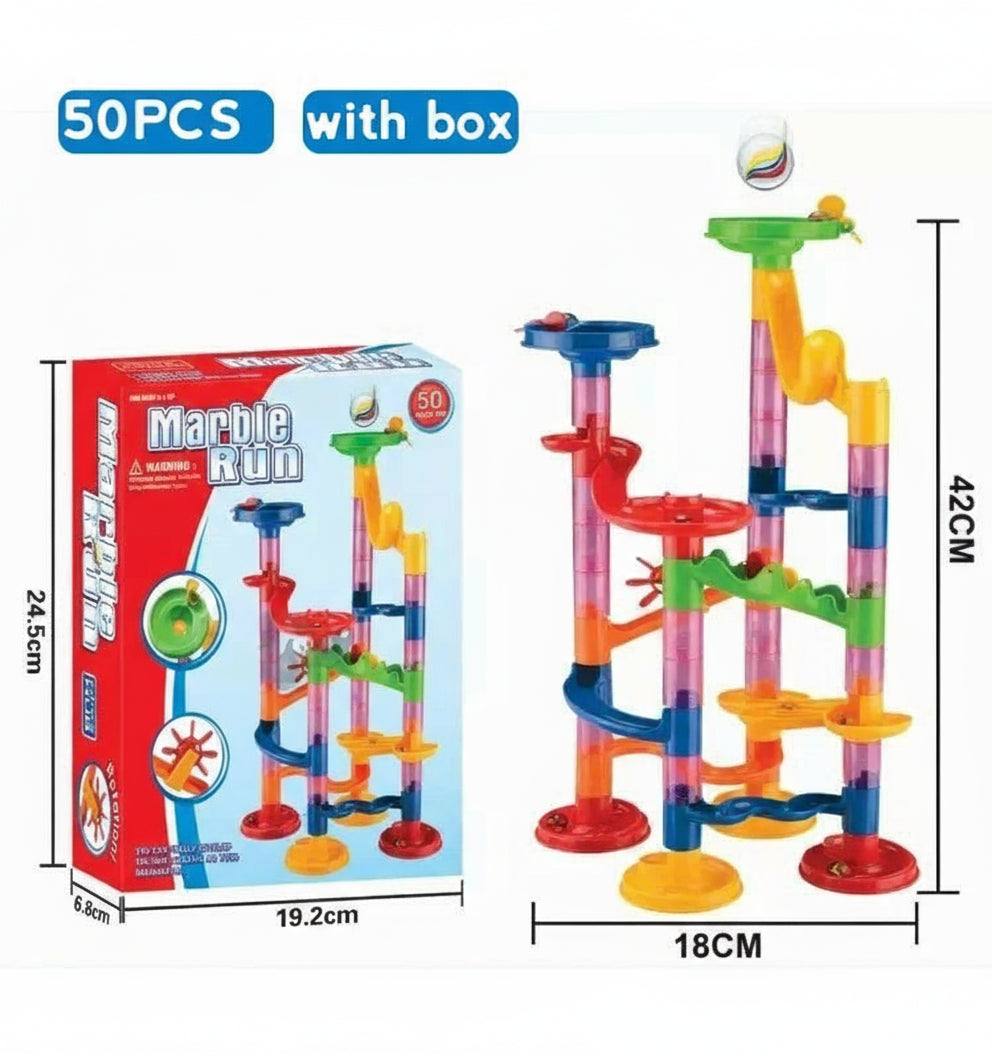 Marble run toy set with packaging and dimensions on a white background