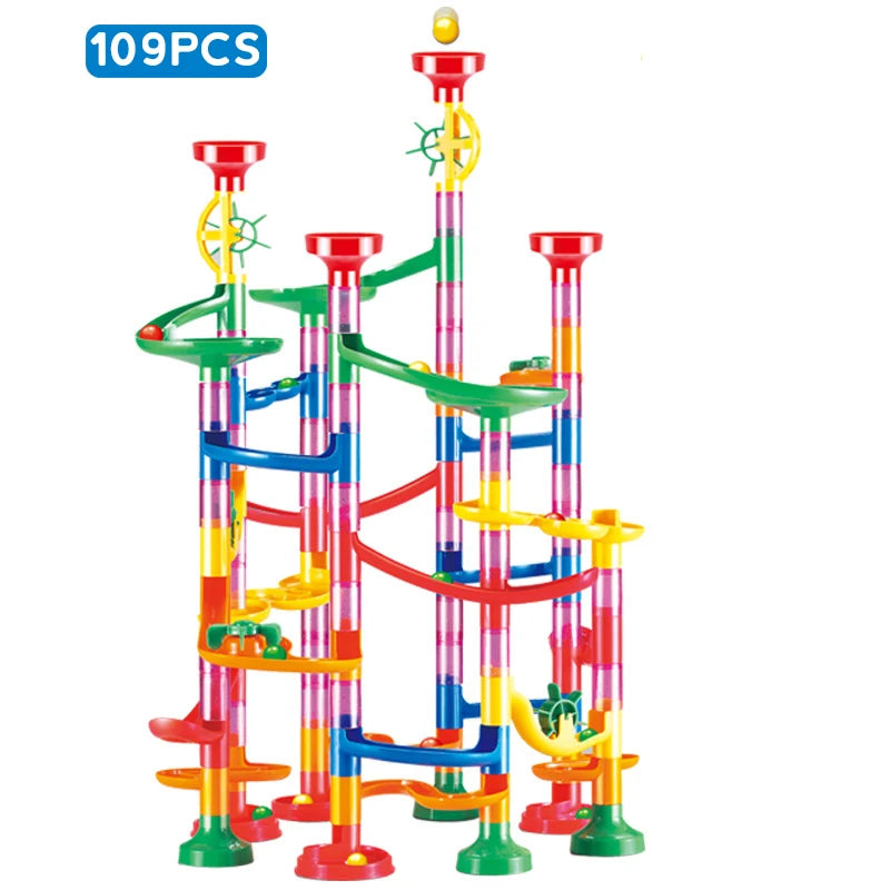 Colorful marble run toy set with 109 pieces on a white background