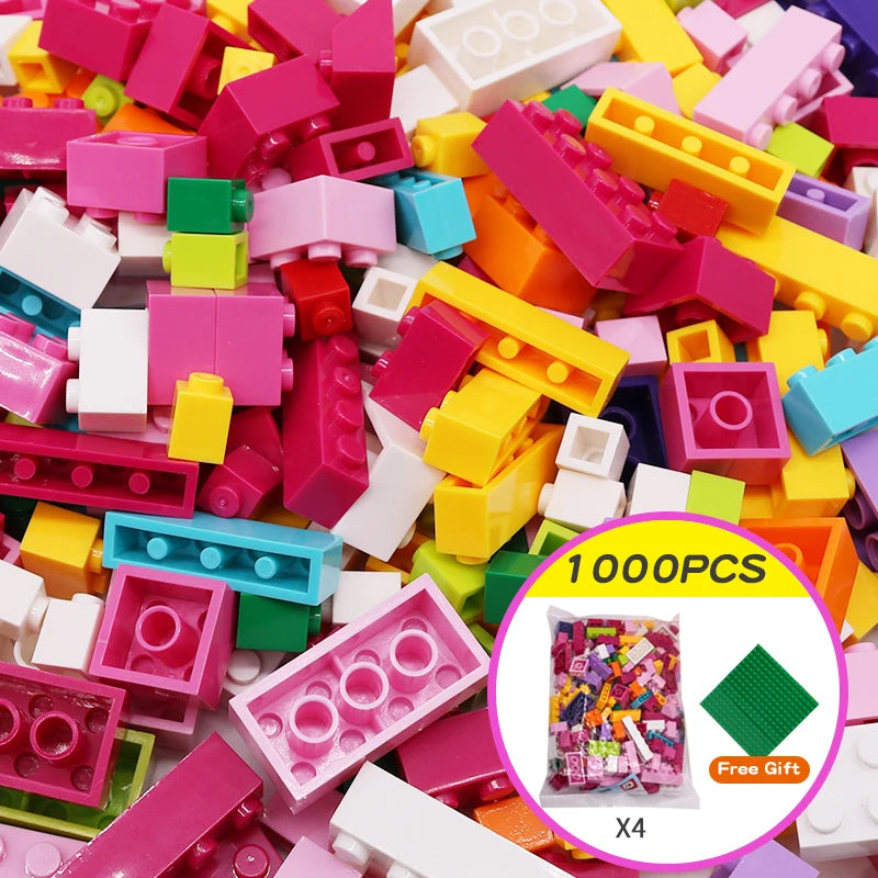 Colorful toy building blocks with a promotional overlay for 1000 pieces set and free gift offer.