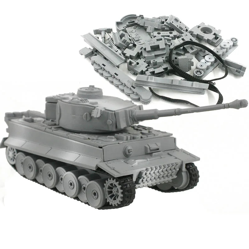 Toy tank model made of interlocking bricks on a white background