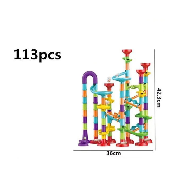 Colorful marble run toy set with 113 pieces on a white background