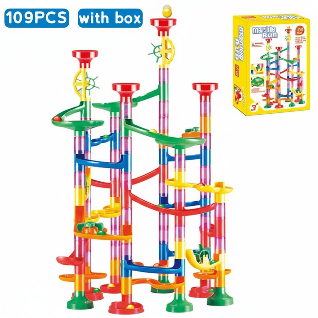 Colorful marble run toy set with 109 pieces and packaging on a white background