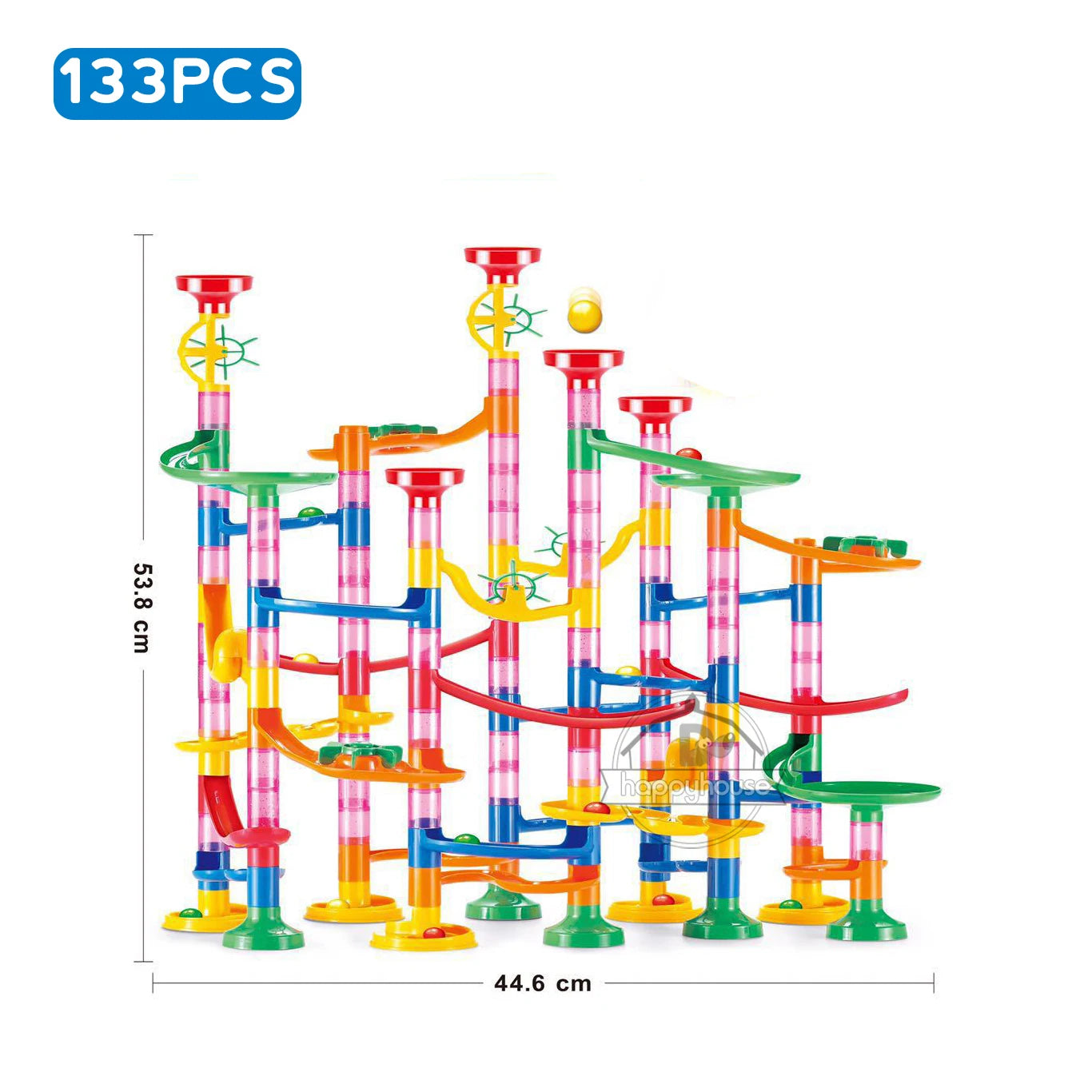 Colorful marble run toy set with dimensions on a white background