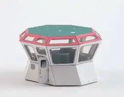 Hexagonal control tower with green top and pink sides on a white background