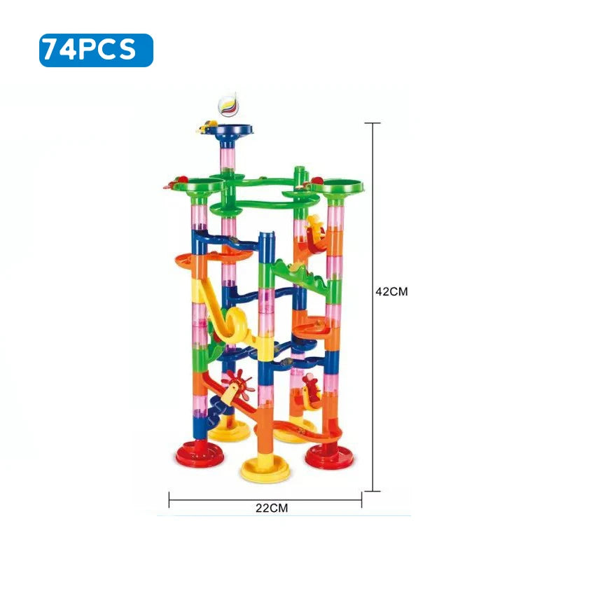 Colorful marble run toy set with dimensions on a white background