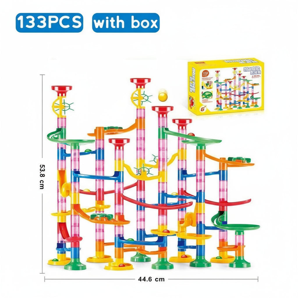 Colorful marble run toy set with dimensions and box on a white background