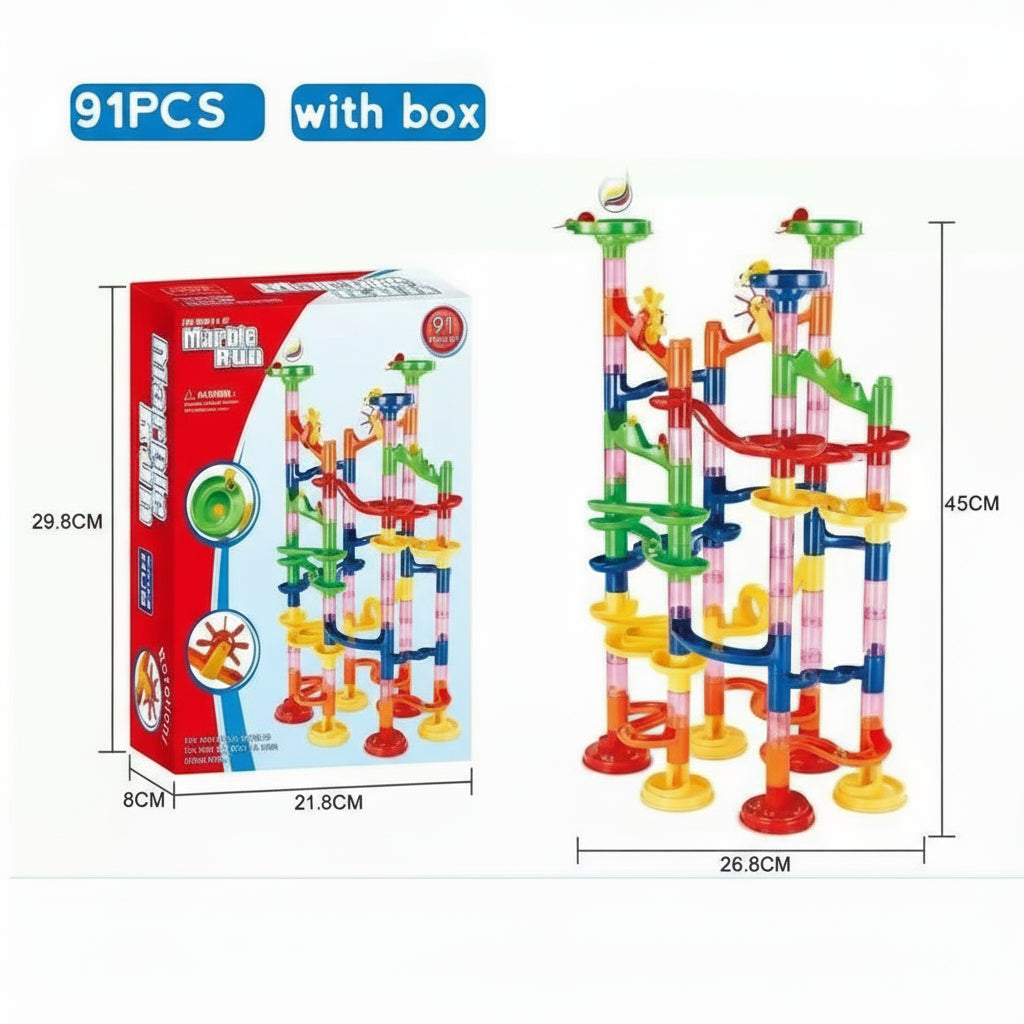 Colorful marble run toy set with packaging and measurements on a white background