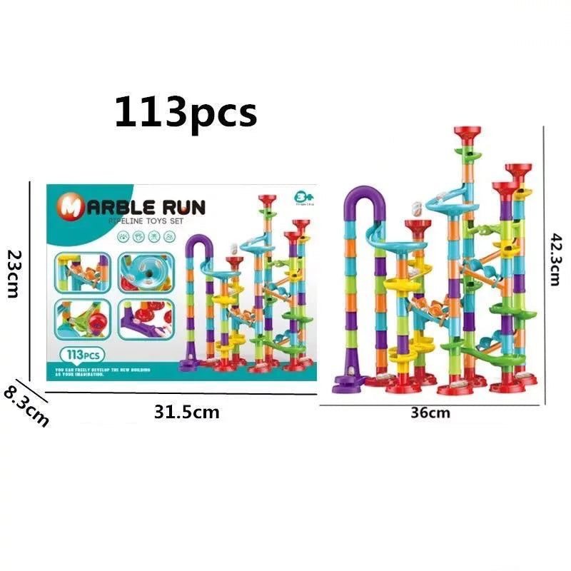 Marble run toy set with packaging and dimensions on a white background