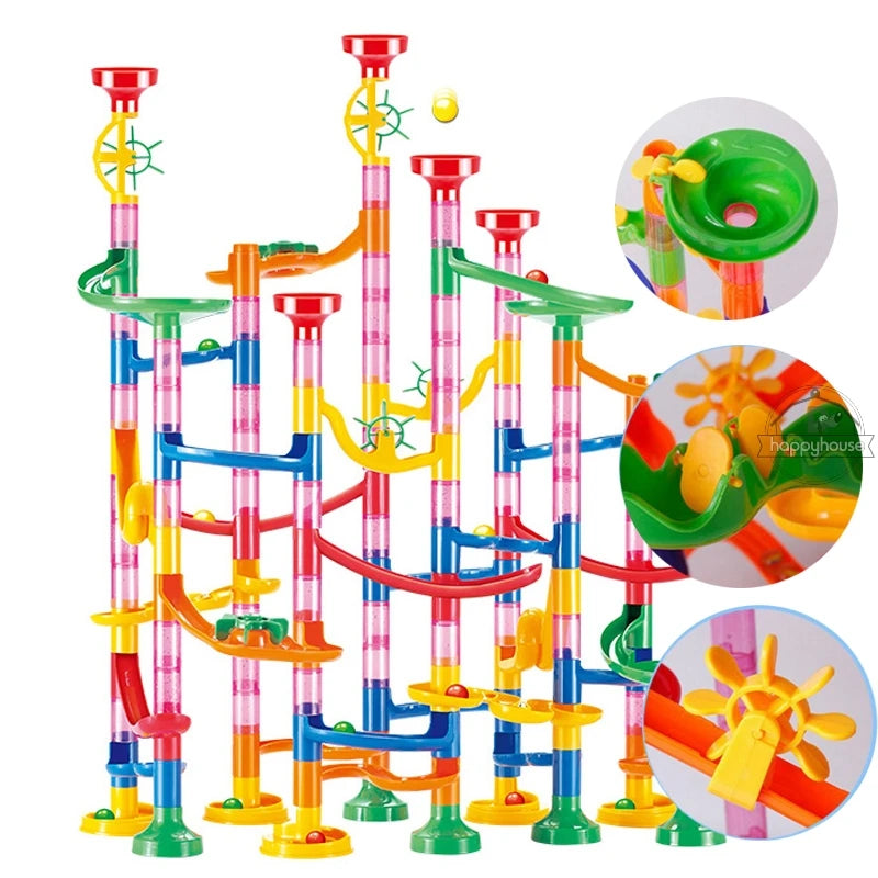 Colorful marble run toy set with various loops and tracks on a white background.