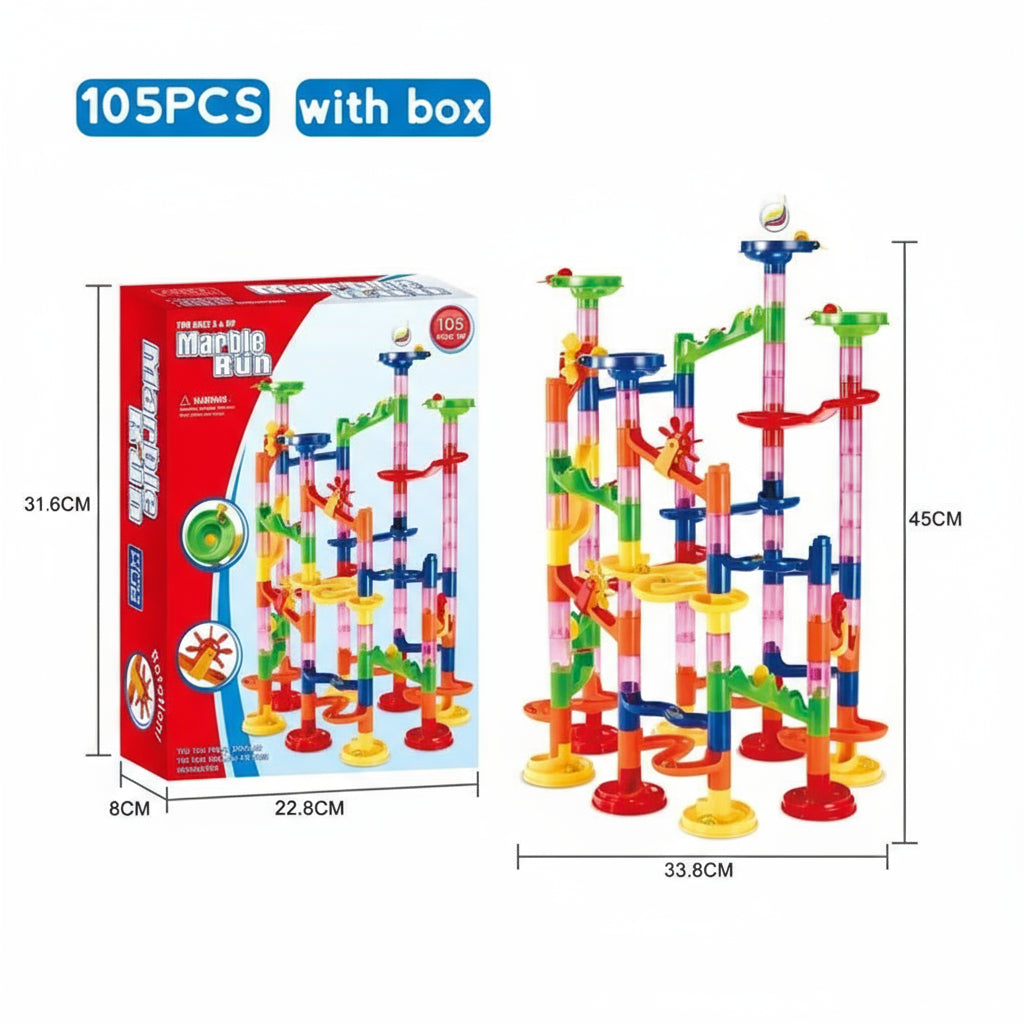 Marble run toy set with packaging, showing dimensions and quantity of pieces.