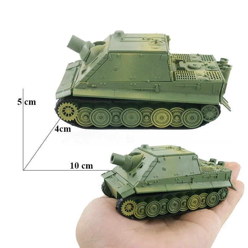 Green model tank held in a hand with measurements indicated