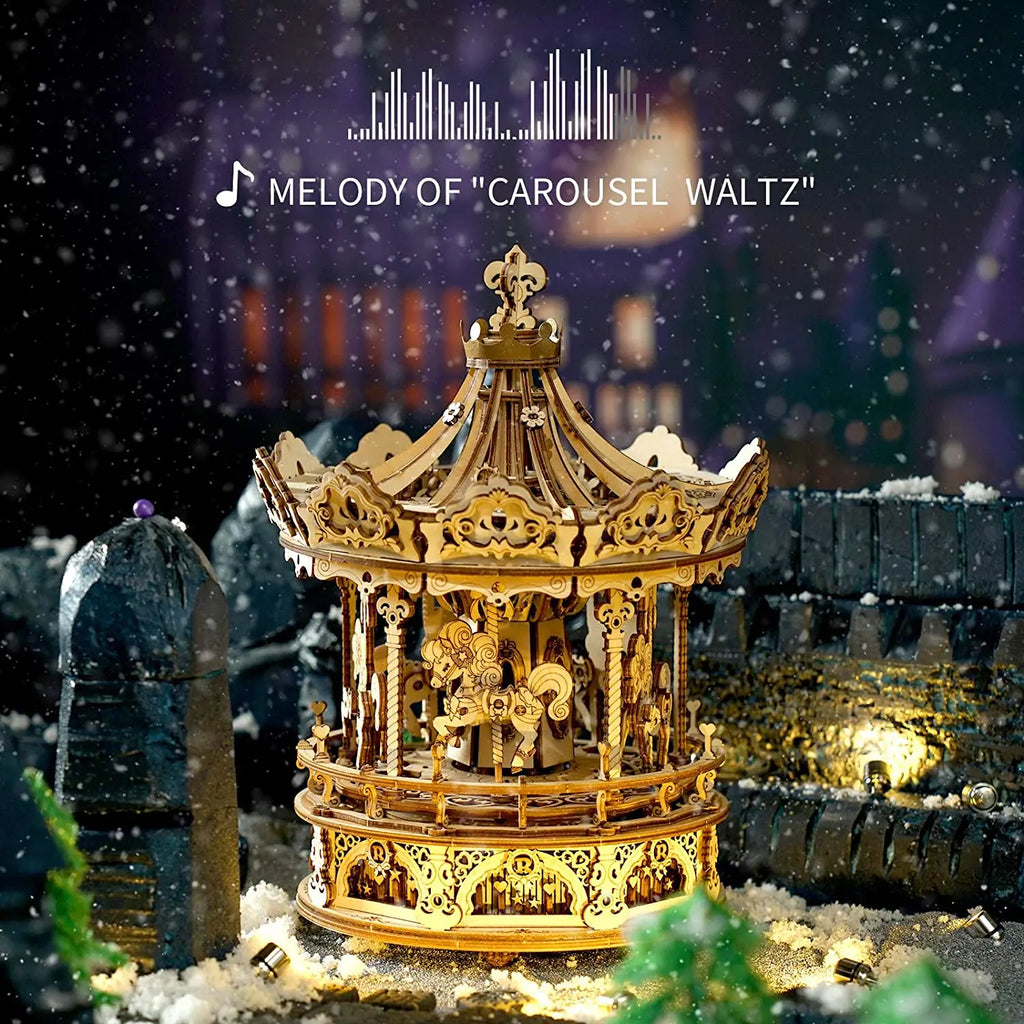 Decorative gold carousel model with a snowy background and 'Melody of Carousel Waltz' text.
