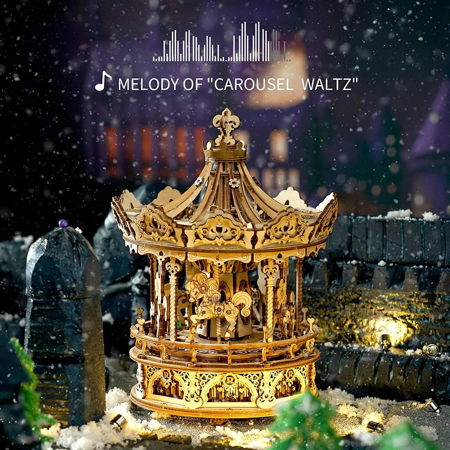 Decorative gold carousel model with a snowy background and 'Melody of Carousel Waltz' text.