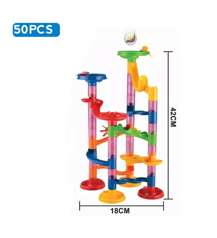 Colorful marble run toy set with dimensions on a white background