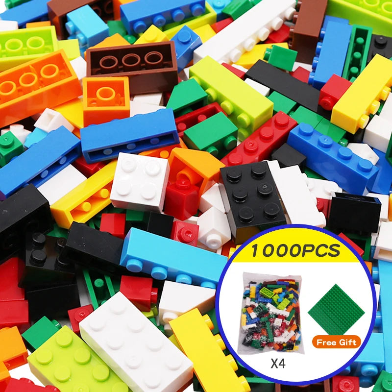 Assorted colorful building blocks with a focus on a package of 1000 pieces and free gift offer.