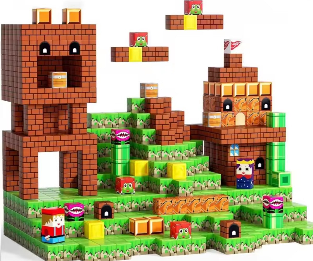 Toy building set resembling a castle with characters and blocks on a white background