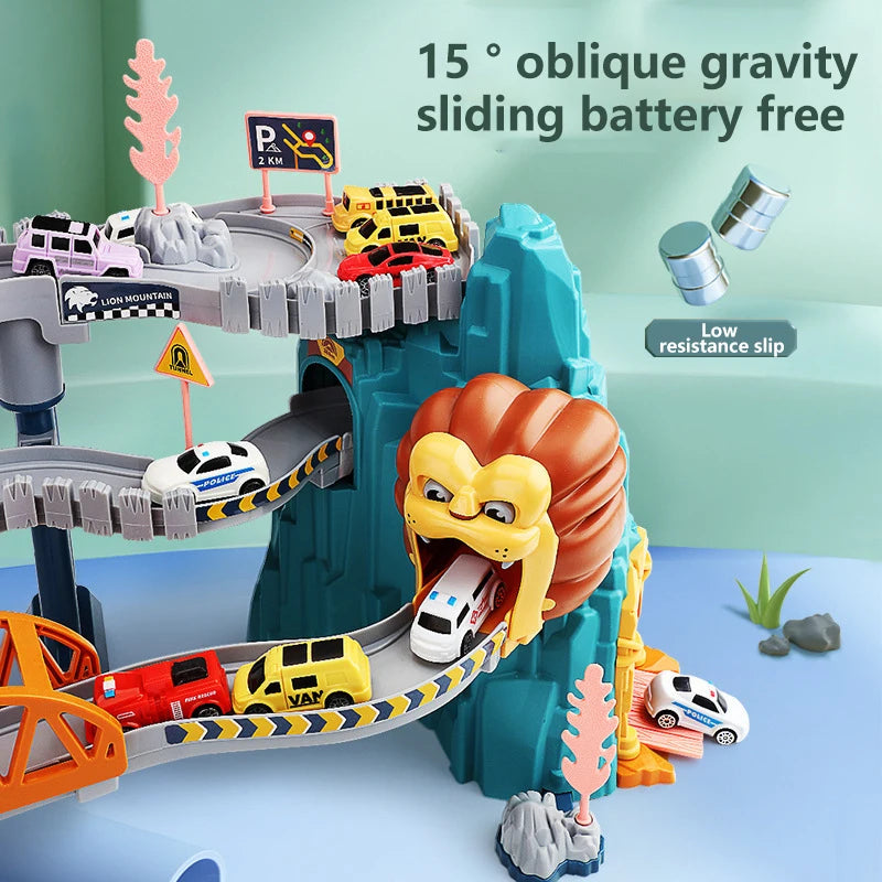 Toy track set with a lion-shaped hill and cars on a light blue background