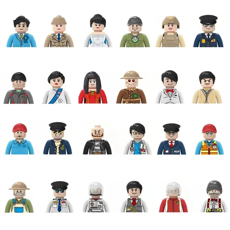 Collection of variously dressed toy figures on a white background