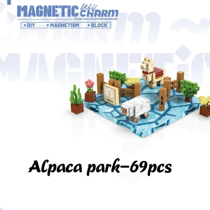 Toy set with alpaca and magnetic blocks on a white background, featuring the brand 'Magnetic Charm'.