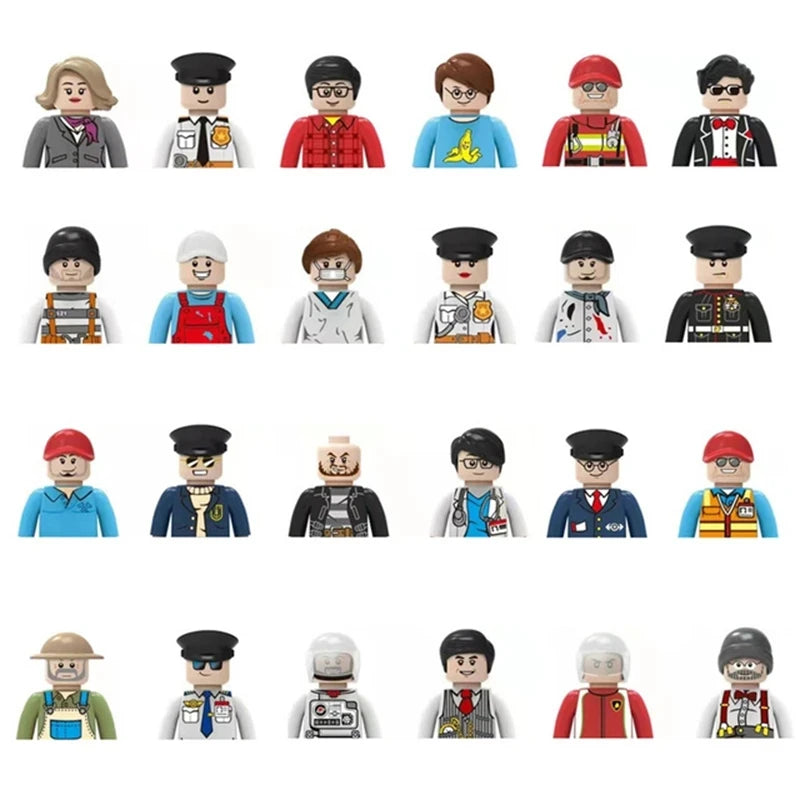 Set of 20 small figurines in various outfits on a white background