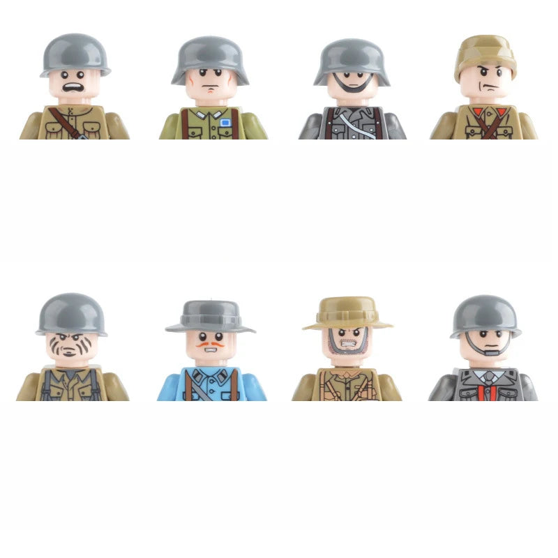 Set of toy figures in various military uniforms on a white background