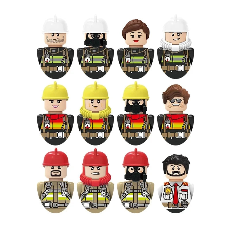 Set of toy figures in various outfits on a white background