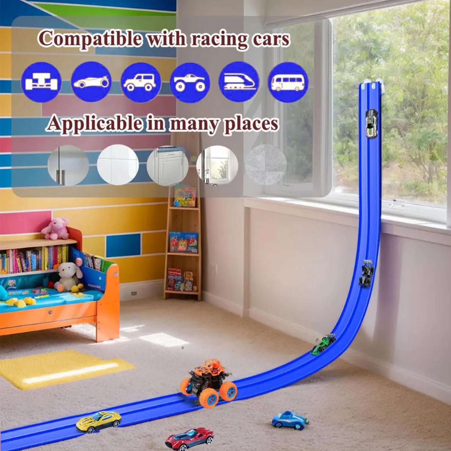 Toy race track set up in a child's room with cars on it.