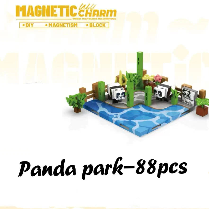 Magnetic building block set with pandas and a lake, branded 'Magnetic Charm'.