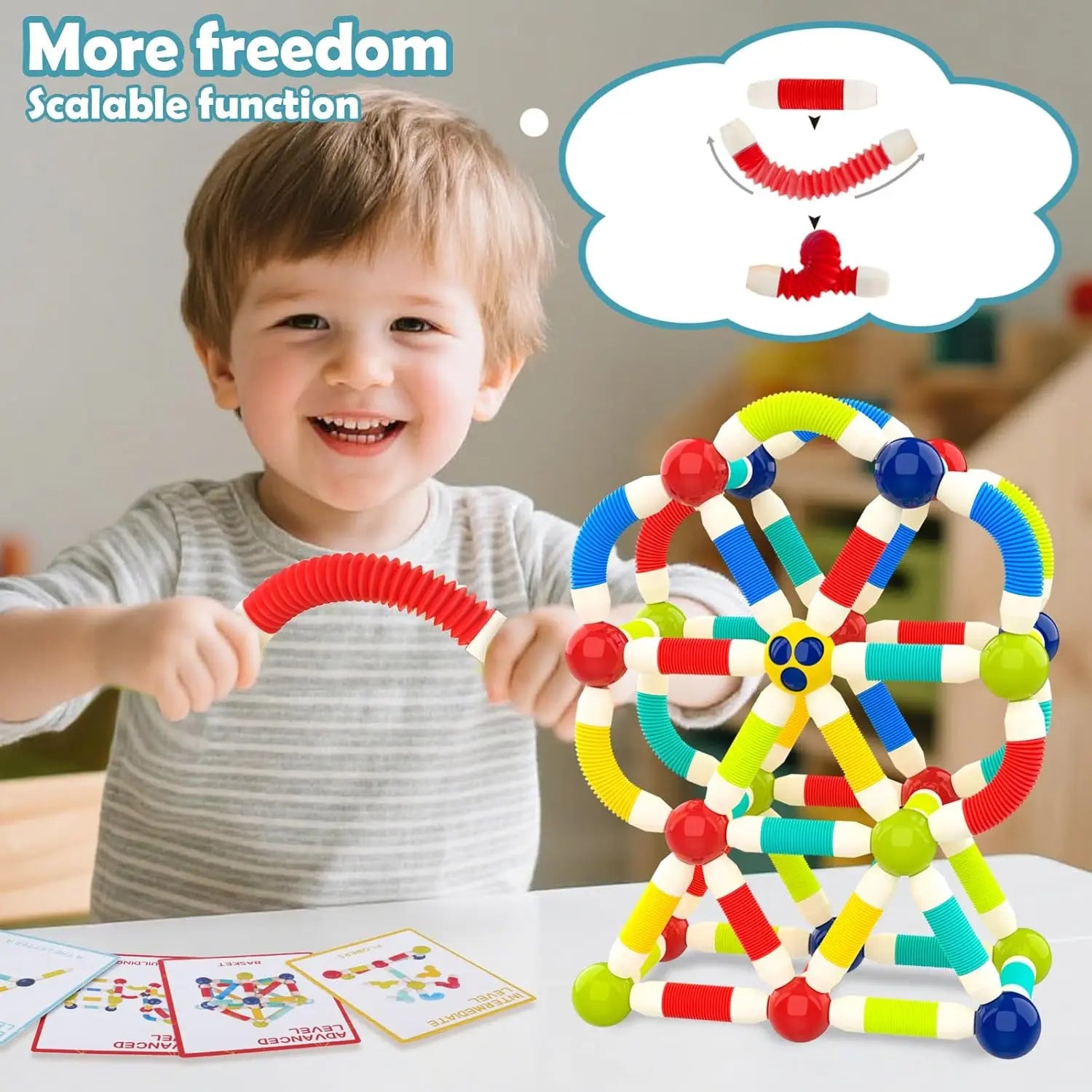 Child playing with a colorful toy structure and a thought bubble showing a diagram of the toy's scalable function.