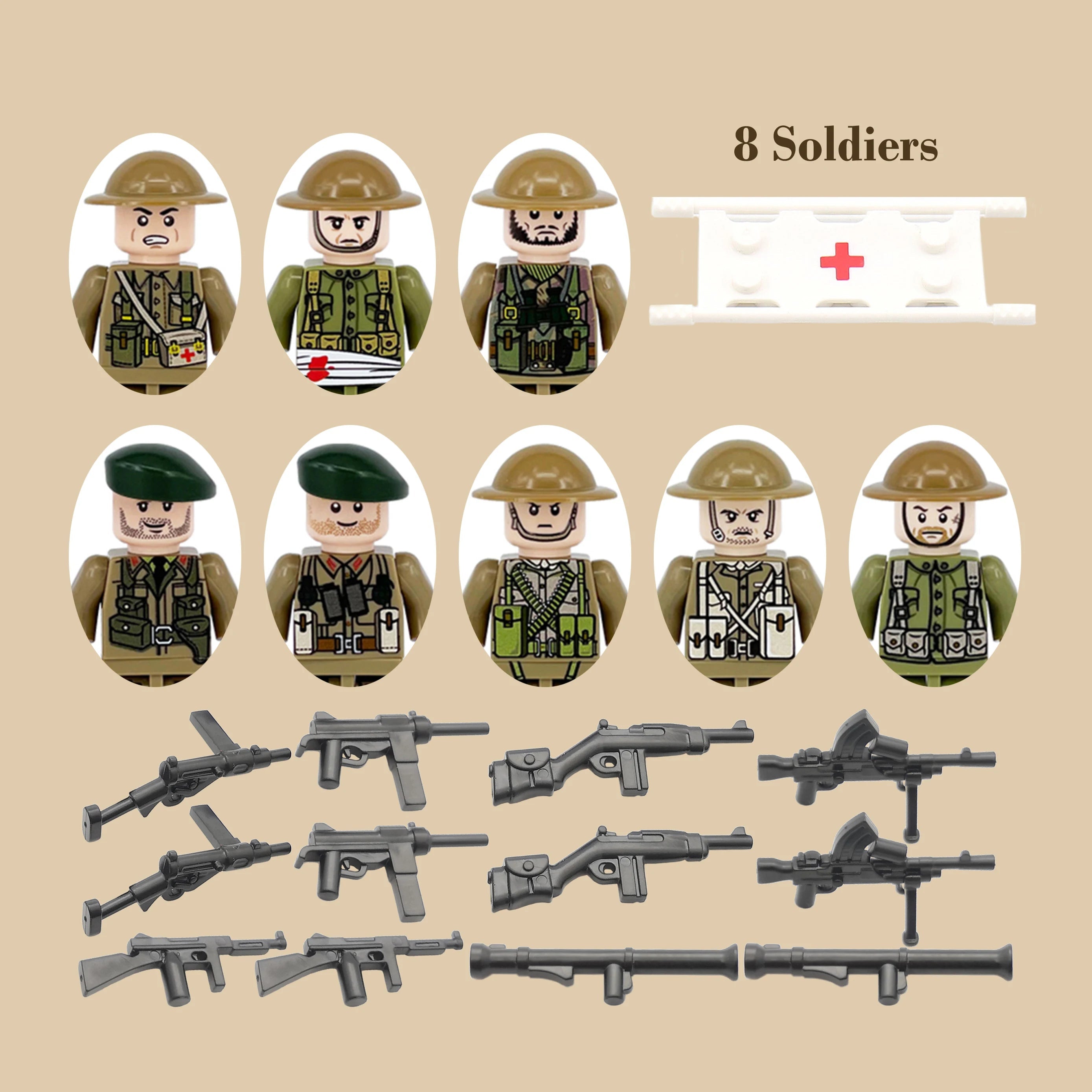 Set of toy soldiers with weapons and a medical cross on a beige background