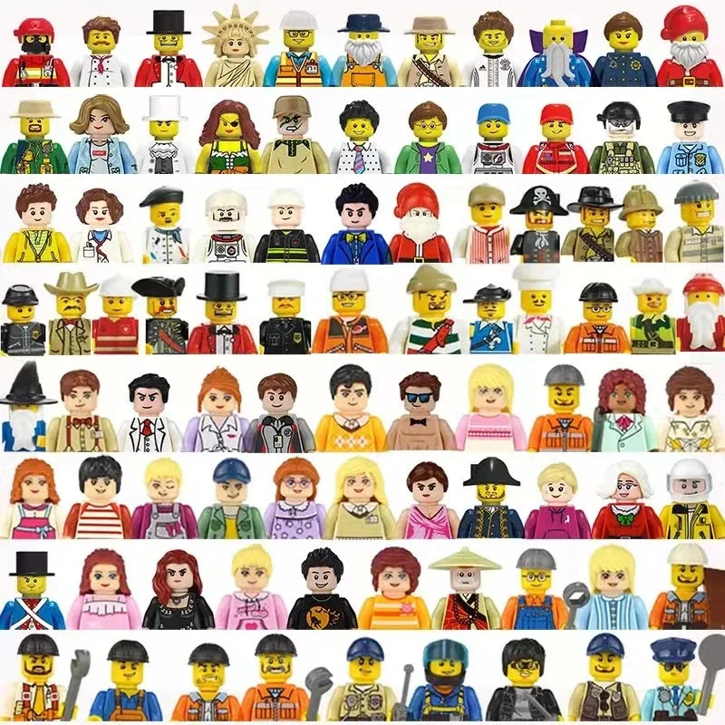 Collection of various minifigures with different outfits and hairstyles.