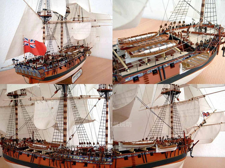 Collage of a model ship with detailed sails and rigging.