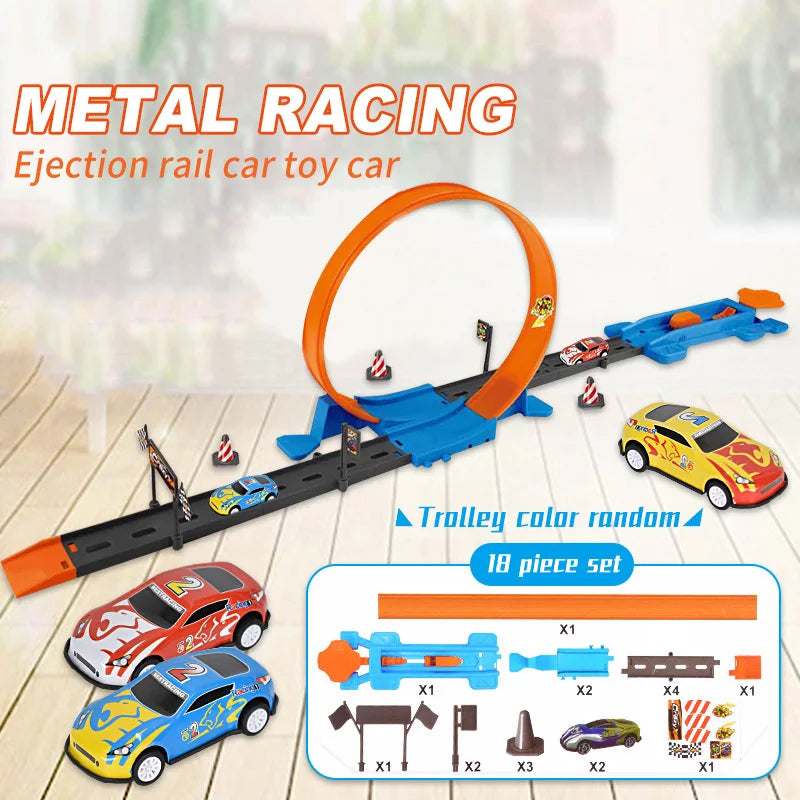 Metal racing ejection rail car toy set with cars and track on a wooden floor.