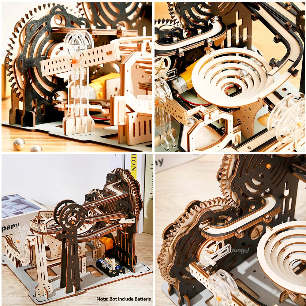 Collage of wooden mechanical model kits with intricate gears and moving parts.