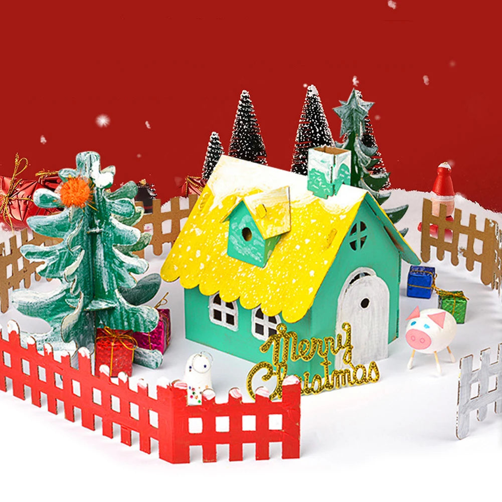 Christmas-themed miniature village with a house, trees, and decorations on a red background.