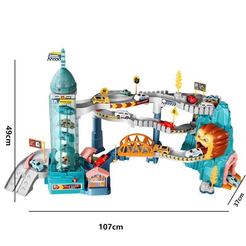 Toy race track set with measurements on a white background