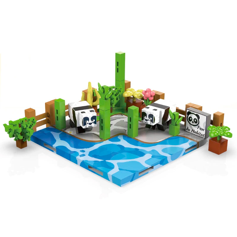 Toy panda habitat set with panda figures, trees, and water feature on a white background