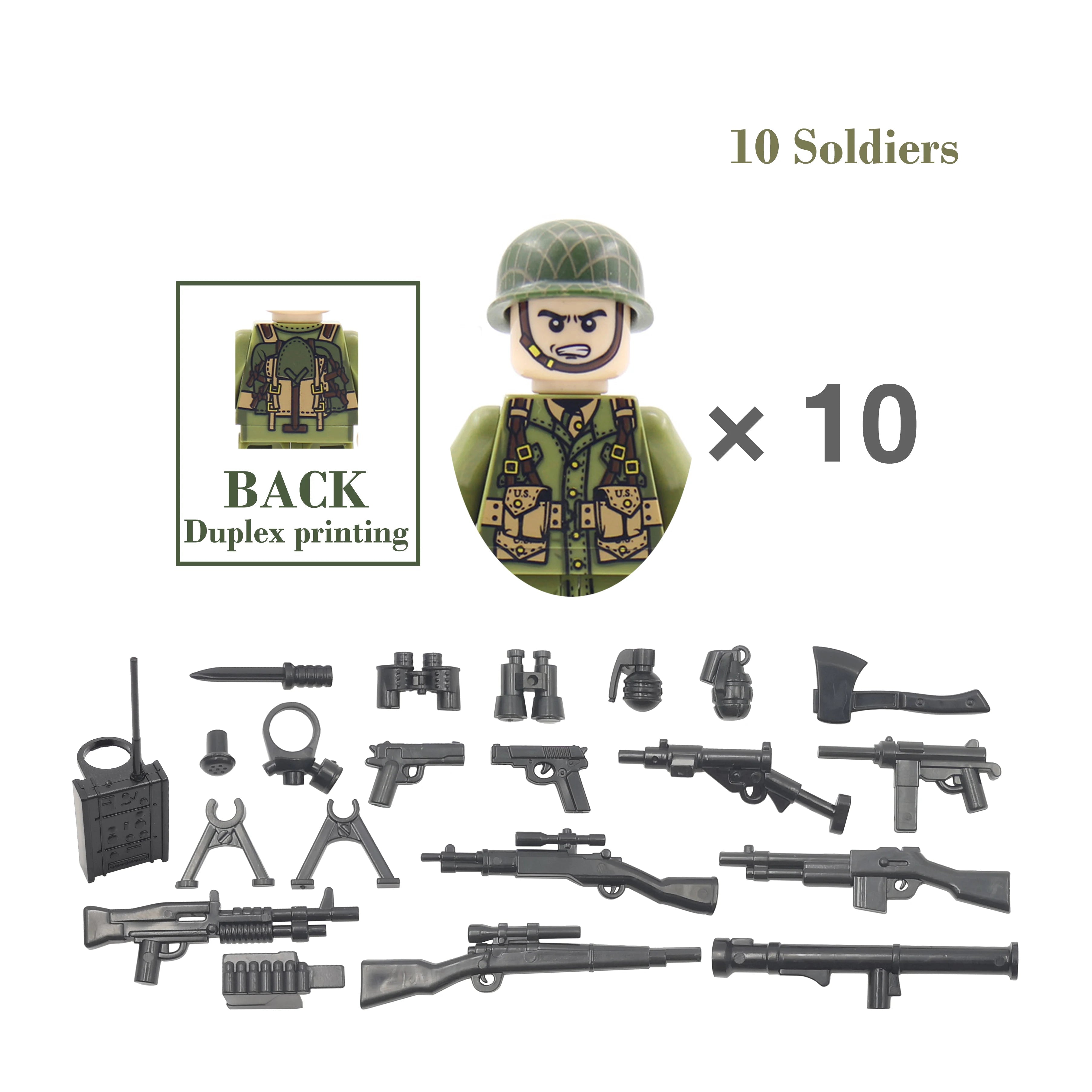 Set of toy soldiers with weapons and accessories on a white background
